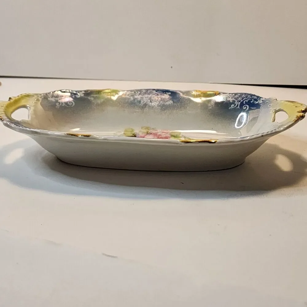Vintage German Porcelain Floral Relish Celery Dish Gold Gilt Antique